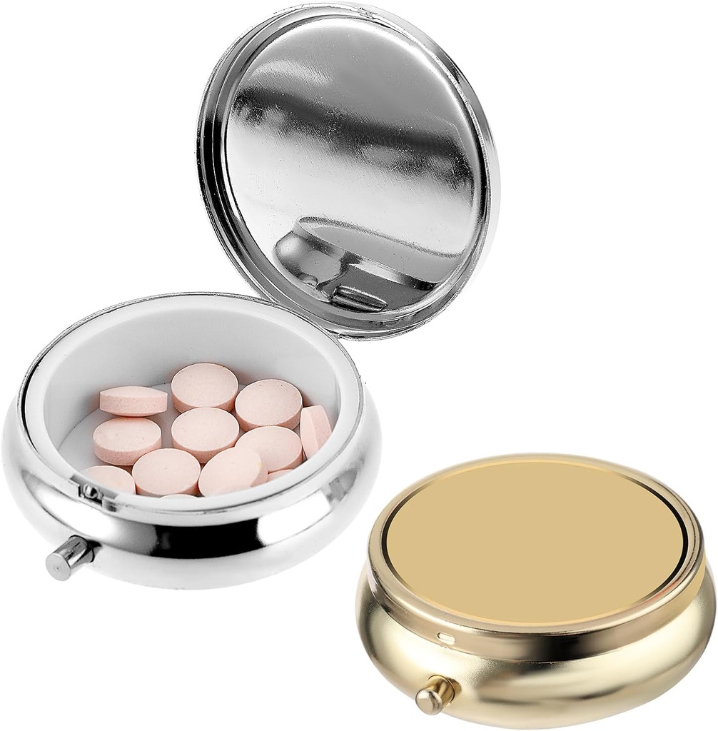 Boîte à pilules 2Pcs Petite boîte à pilules pour Purse ou Pocket, Portable Cute Pill Container Boîte à pilules en métal Médecine décorative, Vitamine, Huile de poisson et Suppléments Organisateur (Argent et Or)