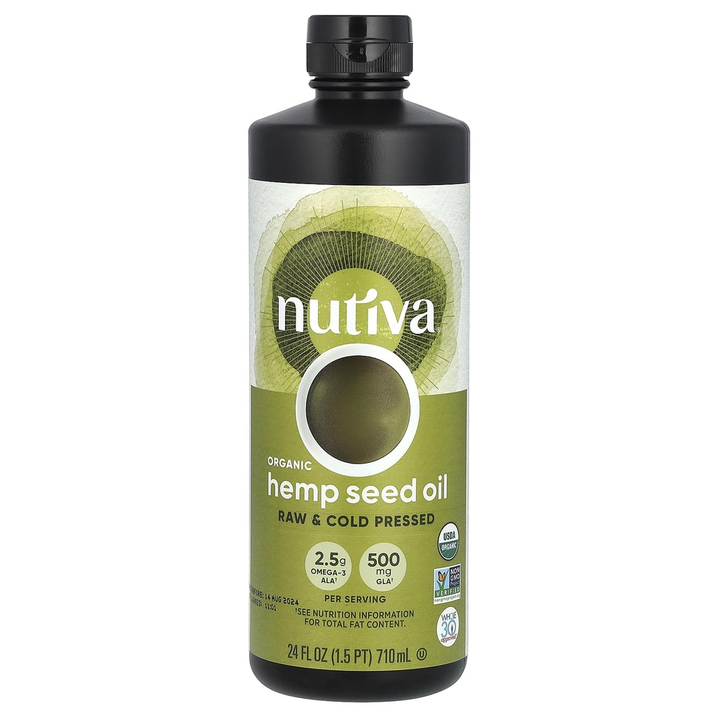 Nutiva Organic Cold-Pressed Ongeraffineerde ruwe hennepzaadolie, 24 ounce, USDA Biologische, niet-GMO, Whole 30 goedgekeurd, Vegan, Glutenvrije & Keto, rijk aan omega 3 & 6 vetzuren