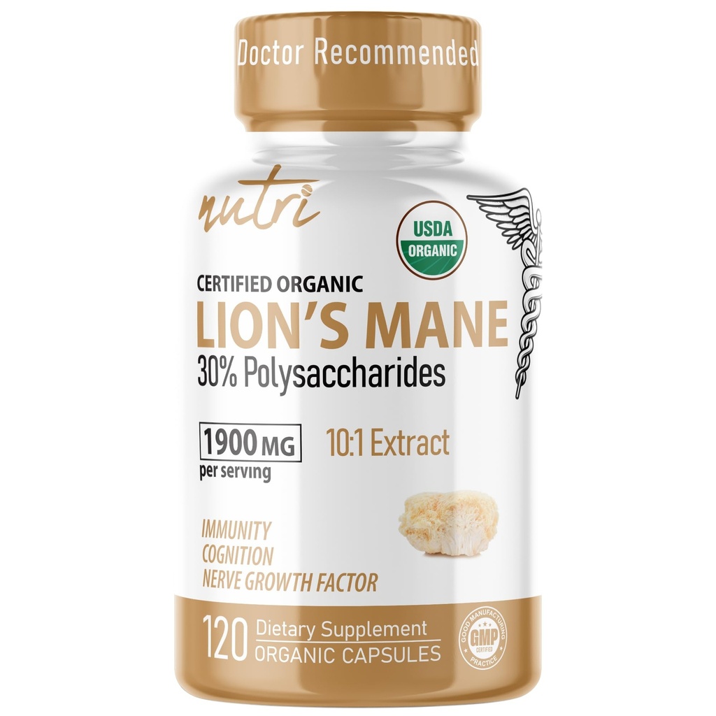 Nature's Fusions Nutri Organic Lions Mane Supplément Capsules - 1900 mg, 10:1 Extraction double, 120 Compte - Extrait de champignons (corps de fruits) - Testé par une tierce partie