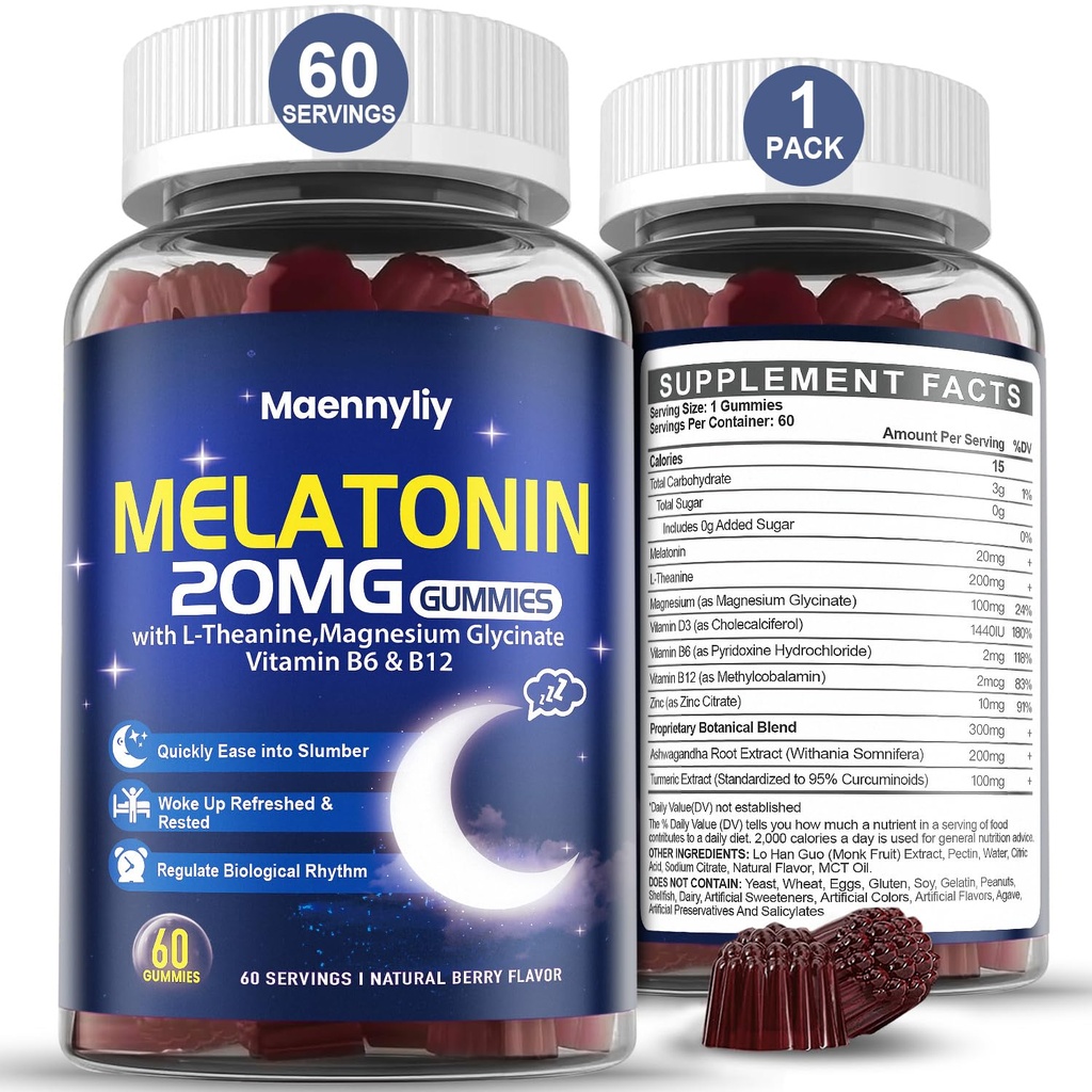 Melatonine 20mg Gummies voor volwassenen - Suikervrije Melatonine Gummies Extra sterkte met L-Theanine, Magnesium, Ashwagandha, Kurkuma, D3 & Zink - Non-Habit vorming