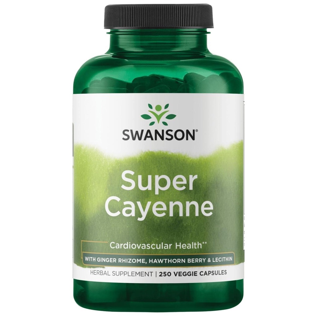 Swanson Super Cayenne - Supplément à base de plantes favorisant la santé cardiaque, la circulation et le flux sanguin - Formule naturelle avec Rhizome, Hawthorne Berry et Lecithine - (250 capsules de Veggie)