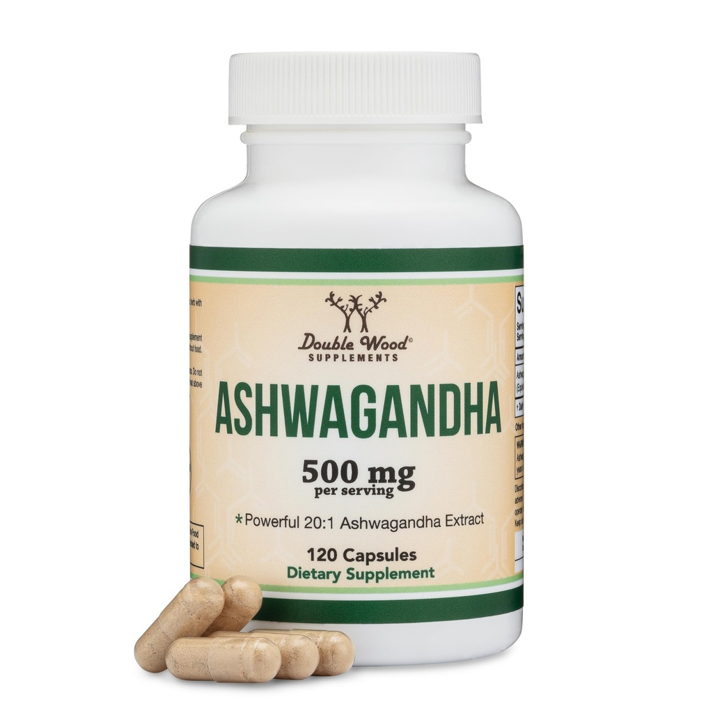 Ashwagandha Capsules, 120 Tellen (500mg Extract 20:1 Potentie) Adaptogen Stress Verlichting door Dubbel Hout