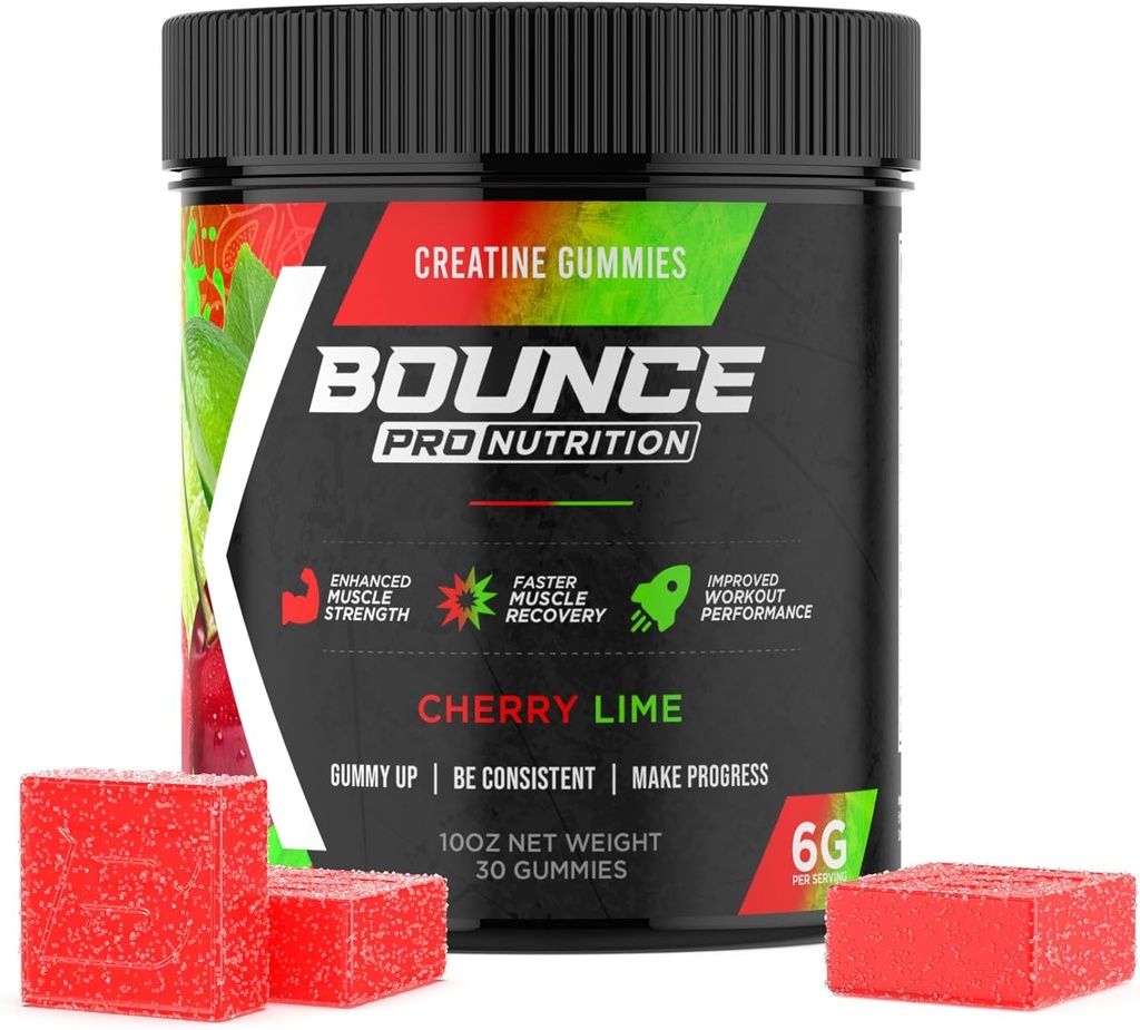 Bounce Pro Creatine Monohydraat Gummies for Men & Women, Low Calorie, 6G of Creatine per Serving, Vegan, Anti-Melting, Gluten-Free, Non-GMO, 2g Creatine per Gummy (30ct, Cherry Lime)