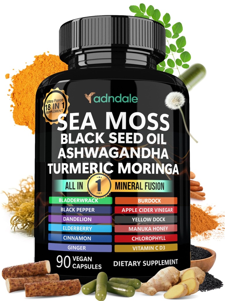Adndale Sea Moss Black Seed Oil Ashwagandha Ginger Capsules. SeaMoss Capsules met Black Seed Oil, Ashwagandha, Turmeric, Moringa, Bladderwrack, Burdock Root, Manuka Honey, Cinnamon