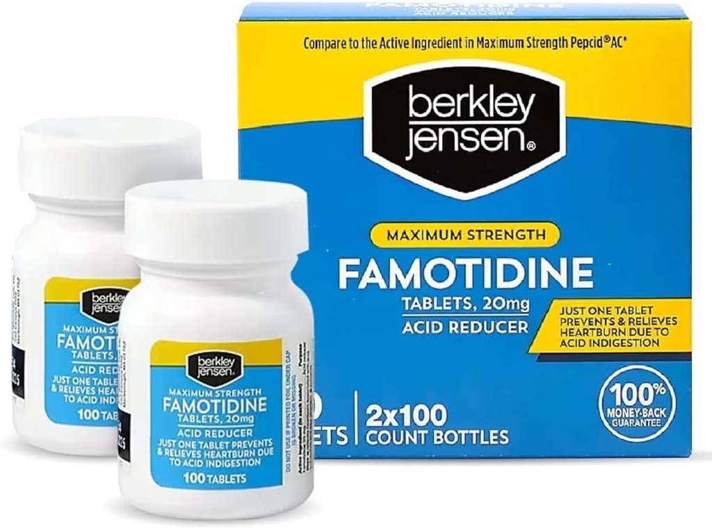 Berkley Jensen Résistance maximale Famotidine 20 mg - (200 Nombre), Comprimés réducteurs d'acide, soulage les brûlures d'estomac et l'indigestion acide induites par les repas, prévention des brûlures d'estomac toute la journée et soulagement