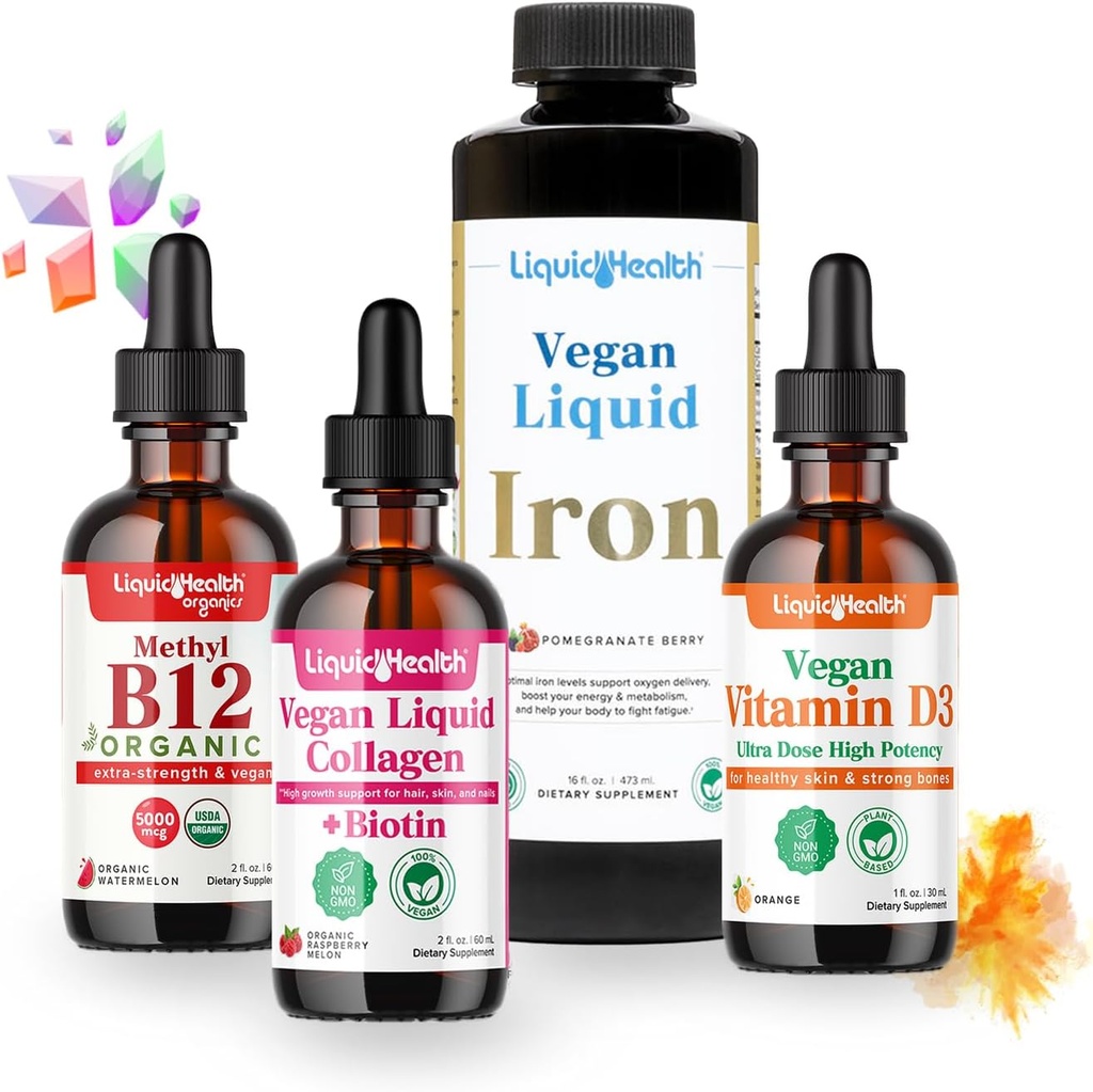 LIQUITHEALTH Vegan Daily Essentials Vitamine Starter Kit met biologische Methyl B12 druppels, Vegan Liquid Collageen + Biotin, Liquid Iron, Vitamine D3 druppels - 100% plantaardige vitamine supplementen, Made in USA