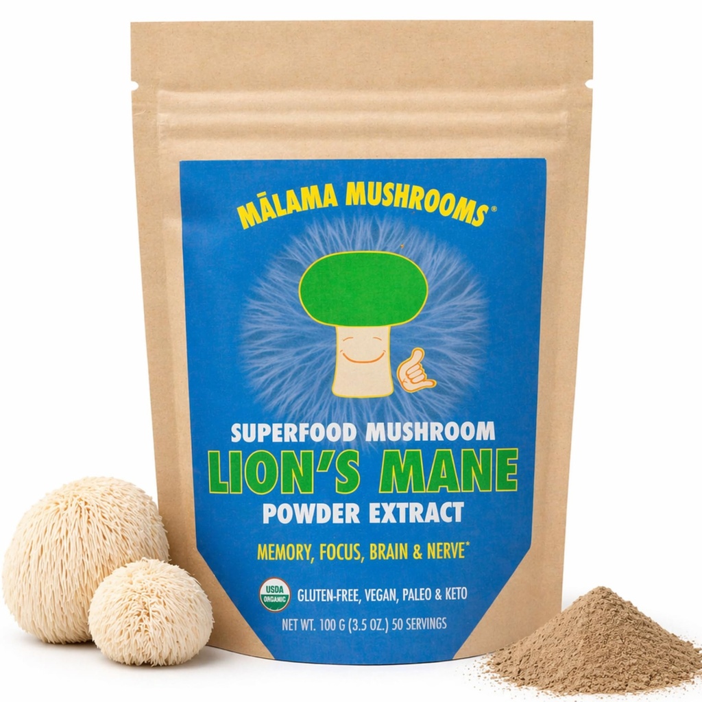 Poudre d'extrait de lion par Malama, Poudre de champignons pour le corps à fruits biologiques, Superfood Adaptogène, Supporte la mémoire, Focus, Cerveau et Nerves