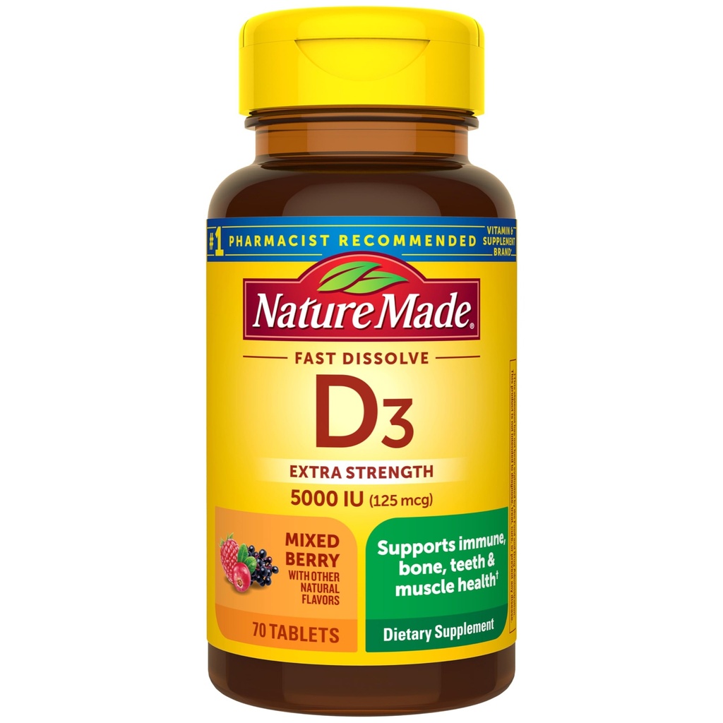 Nature Made Vitamin D3 5000 IE (125 mcg) Extra sterkte, Vitamine D supplement voor Immune Support, 70 Sugar Free Fast Solution Tablets, 70 dagen levering