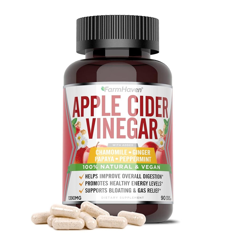 FarmHaven Apple Cider Vinegar Capsules met moeder, ACV Capsules met moeder 1390MG, Apple Cider Vinegar Pillen met gember, Apple Vinegar Pillen voor spijsvertering Gezond, Vinegar Tabletten met moeder