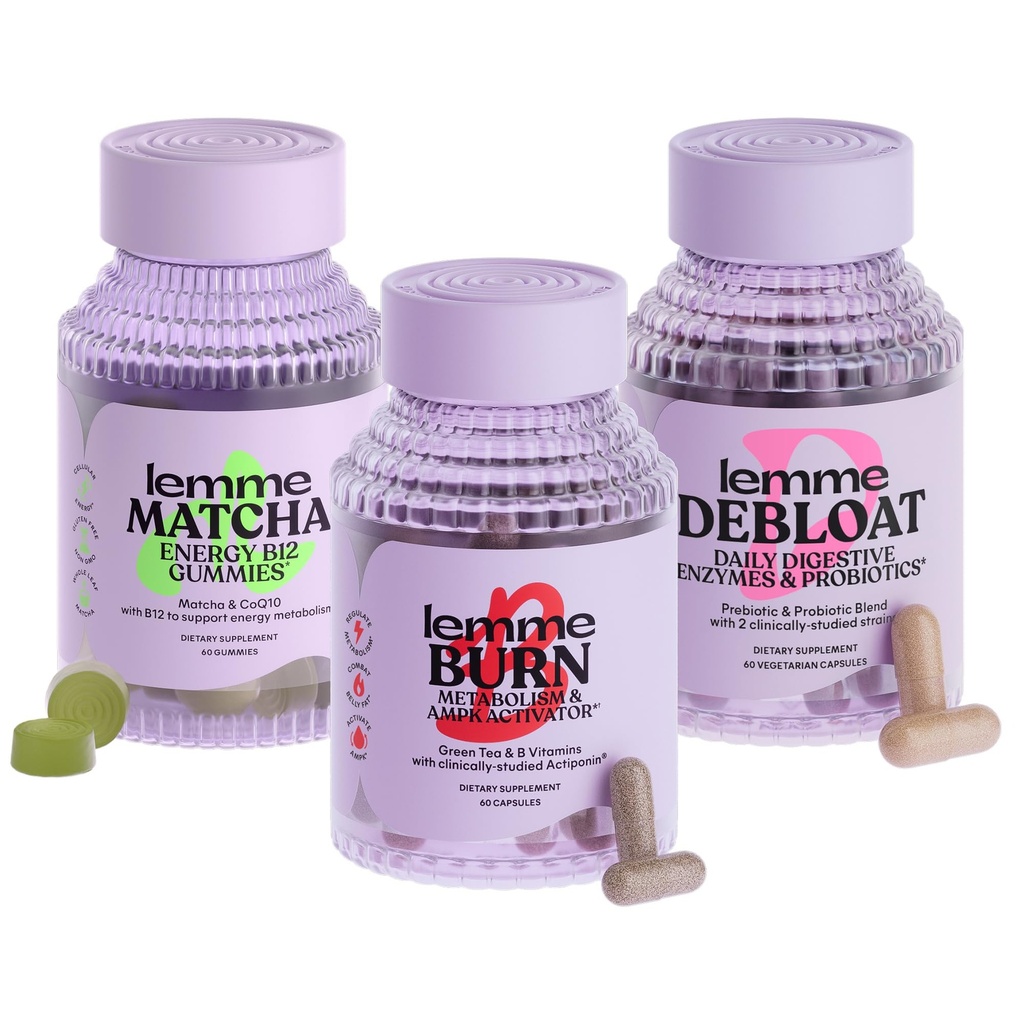 Lemme Burn, Debloat & Matcha Bundle - Metabolisme & Fat Burning Capsules + Bloating & Gas Relief Capsules + Energy B12 Gummies - Glutenvrije, niet-GMO - 60 ct.