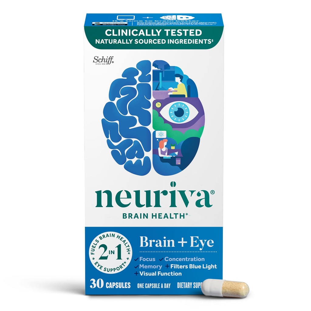 NEURIVA Brain + Eye Supplement for Memory, Focus & Concentration with Lutein & Vitamins A C E and Zink for Eye Health & Zeaxanthine to Filter Blue Light, 30ct Capsules