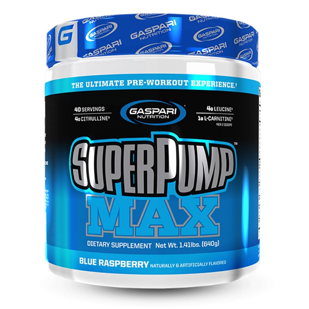 Gaspari Nutrition SuperPump MAX, la poudre de pré-entraînement ultime, pré-entraînement énergétique durable, booster à oxyde nitrique, croissance musculaire, récupération et réapprovisionne électrolytes (40 portions, glace framboise bleue)