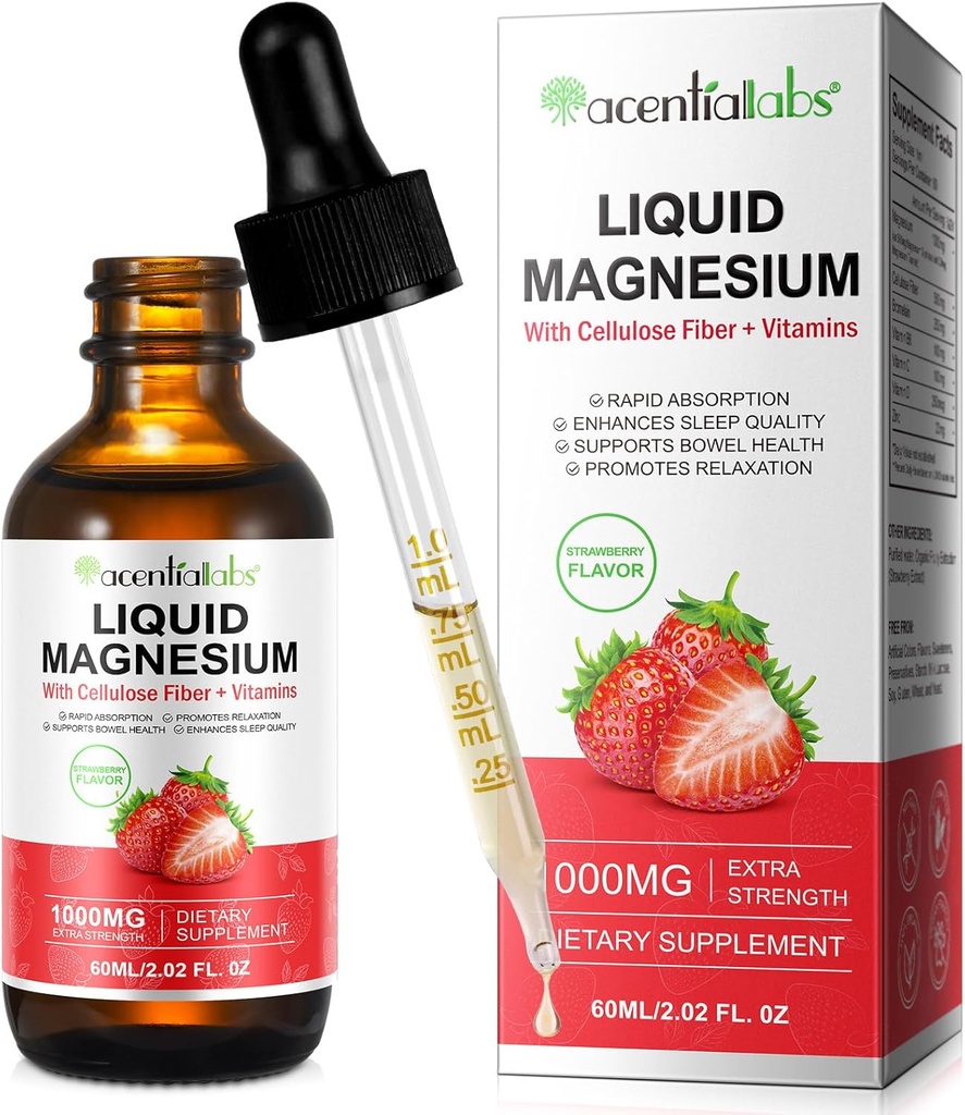 Magnesium Glycinate Liquid, Liquid Magnesium 1000Mg, Magnesium Drops, Liquid Magnesium Supplement, met Cellulose Fiber, Vitamine B6, C, D, Zink, Digestieve Gezondheid, Promotes Ontspannen,Geen suiker,2 Fl Oz