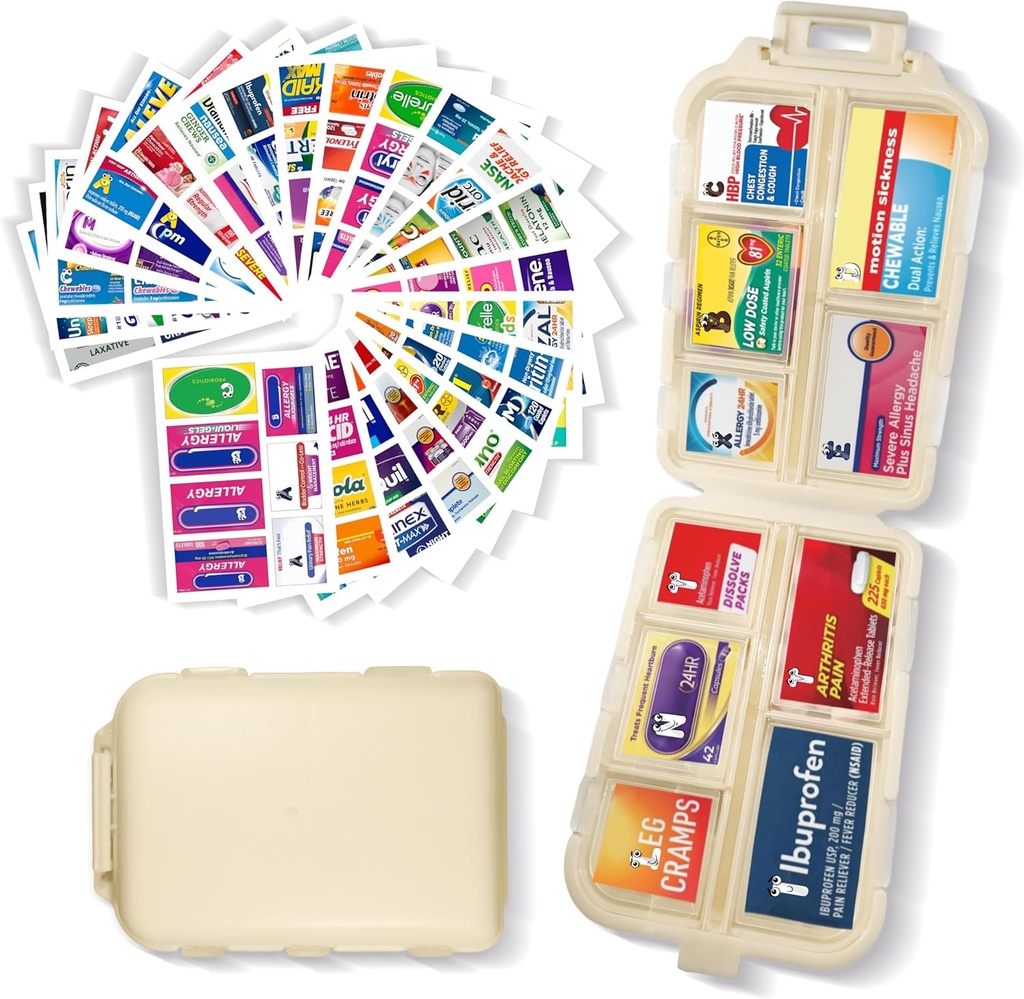 Organisateur de pilules avec étiquettes de médicaments 161 Étiquettes Voyage quotidien Pill Container Mini Organisateur de médicaments Entreposage Pill Organizer Travel Essentials Pill Case 7 Day (Beige, 1 Pack)