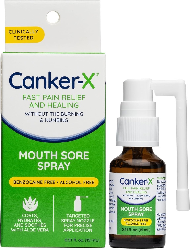 Canker-X Mouth Sore Spray, Oral Pain Relief from Canker Sores, Burns & More, No Burning & Numbing, Benzocaine-Free & Alcohol-Free Mond Ulcer Treatment, Targeted Spray Nozzle, 0,51 Fl. Oz.