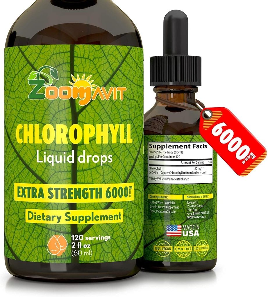 Chlorofyl Liquid Drops 100% Organic Vegan - Energie en immuunsysteem Booster supplement met munt smaak voor water - Natuurlijke interne deodorant - Extra sterkte 6000mg 120 porties