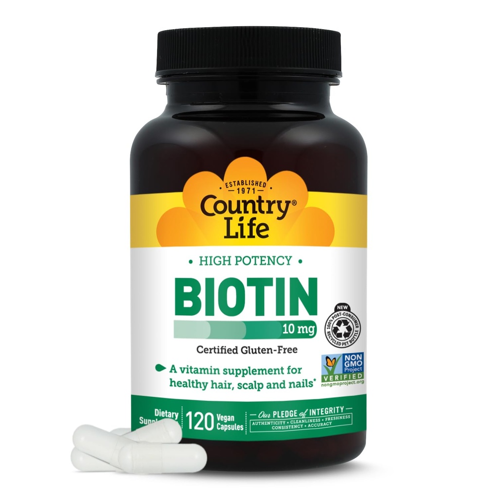 Country Life High-Potency Biotin 10mg - Supplément de biotine végétalien et sans gluten pour la peau et les ongles, métabolisme énergétique - Biotine 10000mcg Capsules