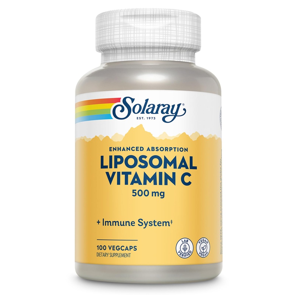 SOLARAY Liposomale Vitamine C 500mg - Verhoogde absorptie Vitamine C Liposomale Blend met vetzuren - Antioxidant en Immuun Ondersteuning Supplement - Vegan, 60-dagen garantie, 100 porties, 100 VegCaps