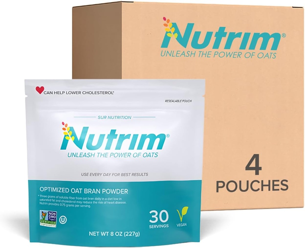 Nutrim Oat Bran Powder with 750mg Beta Glucan per Serving - Easy-Mix Soluble Fiber for Cholesterol Management & Immune Support - Heart Healthy, Non-GMO & Vegan Oatmeal Powder
