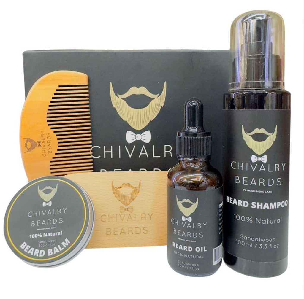 Kit de croissance de la barbe - Huile de croissance de la barbe - Shampooing de la barbe - Peigne en bois de santal - Brosse de sanglier, Baume de la barbe - Naturel - Hydratant - Grooming- défrizing