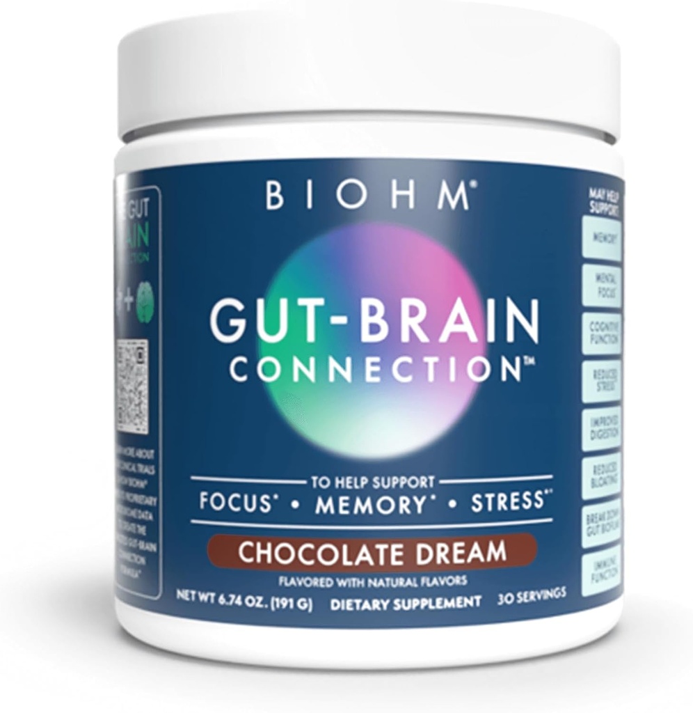 BIOHM Gut-Brain Connection Memory & Focus Supplement (6.74 Oz, 30 Servings) ondersteunt Gut Health & Cognitive Well-Being, helpt verbeteren Mood, Probiotica, Lion's Mane & Bacopa Monneiri, Chocolate Flavor