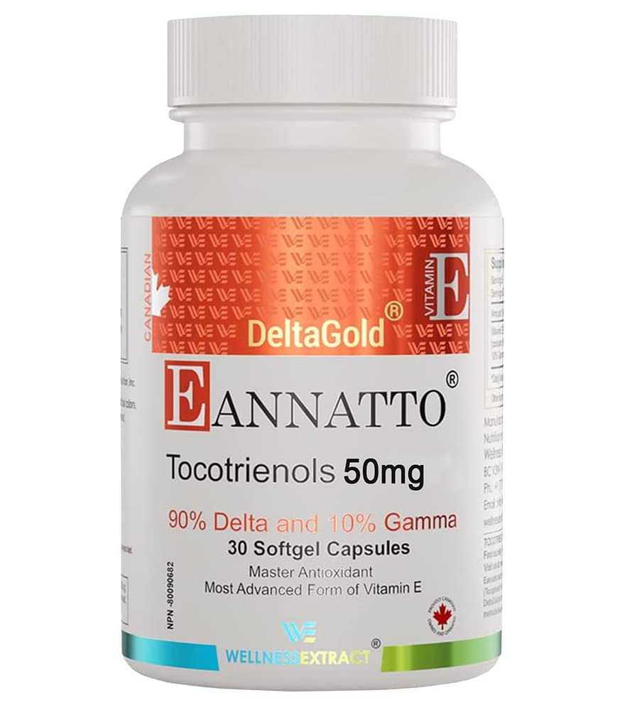WELZIJN EXTRACT Eannatto Tocotrienolen Deltagold Vitamine E Supplementen Softgels, Tocoferol Vrij, Ondersteunt Immune Health, Non-GMO, Glutenvrij & Antioxidant (50MG 30 Softgels).