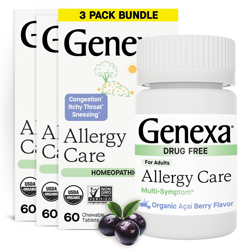 Genexa Allergy Care | Drug Free, Non-Drowsy Allergy & Decongestant Relief for Adults | Vegan & Non-GMO | Homeopathic Allergy Relief Made Clean | Organic Acai Berry Flavor | 180 Chewable Tablets