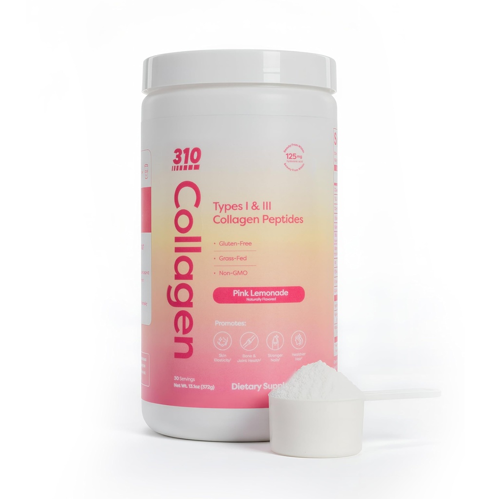 310 Voeding Gehydrolyseerde collagen Peptiden poeder voor vrouwen & mannen - Gras-Fed collageen supplement w/Hyaluronzuur, Resveratrol, Vitamine C,D & E voor huid, haar en nagels - 30 SRV roze limonade