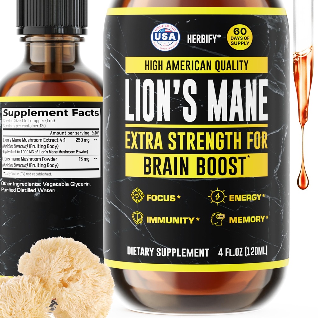 HERBIFY Lions Mane Supplément - Supplément quotidien de champignons pour la mémoire, le focus et la clarté - Brain Booster - Lions Mane Tecture for Immmune Support - 4 Fl oz