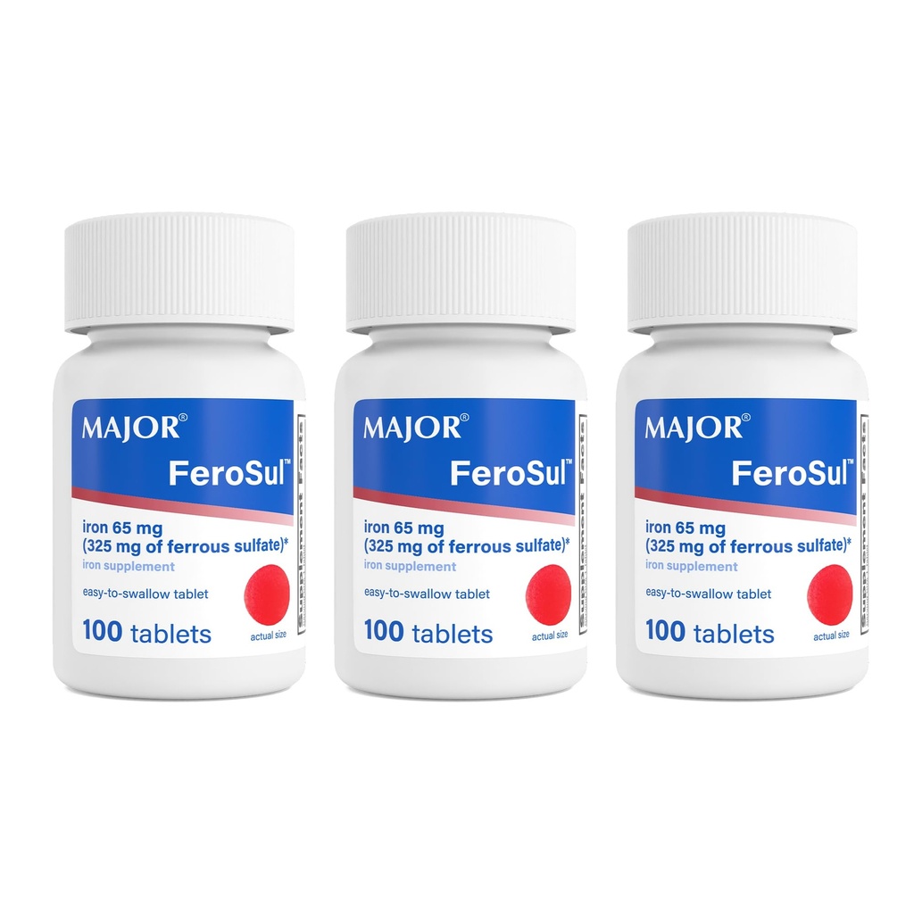 MAJOR Ferosul - Ferrous Sulfate 325mg Tablets met 65mg Elemental Iron - Iron Supplement for Women, Men - Red - 100 Count (3 Pack)