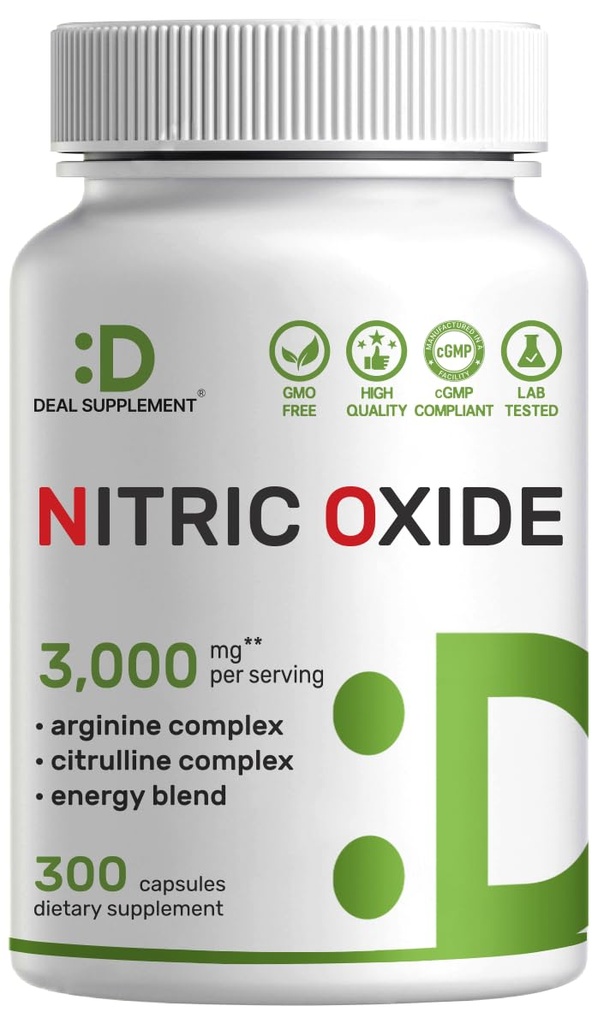 Booster à oxyde nitrique 3 000mg par portion, 300 Capsules – Supplément à oxyde nitrique 12 en 1 – Complexe Arginine et Citrulline avec mélange d'énergie – Racine de marshmallow – favorise le flux nutritionnel vers les muscles et le coeur