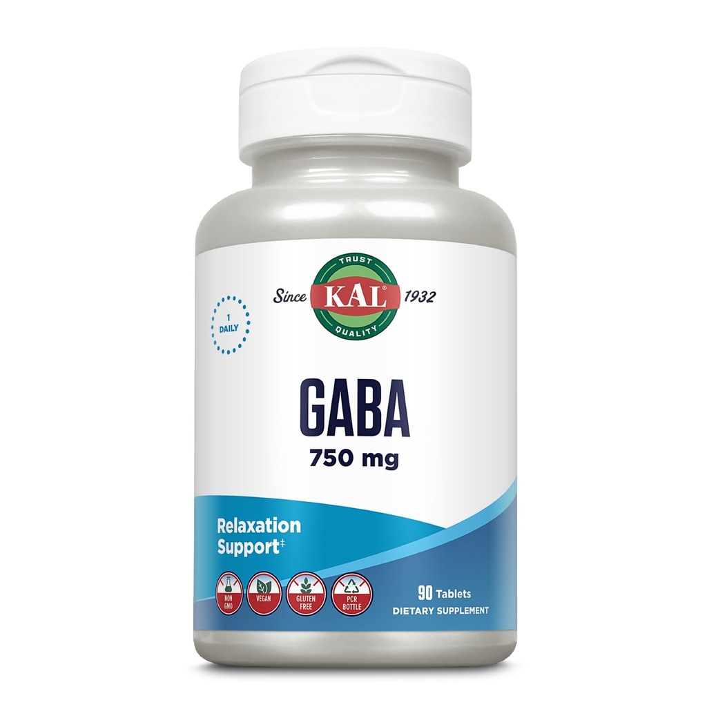 KAL GABA Supplement, Ontspanningsondersteuning, GABA Supplementen voor Stress Relief Support, Vegan, Non-GMO, Glutenvrij, Lab geverifieerd, 60 dagen geld-terug garantie, 90 porties, 90 tabletten