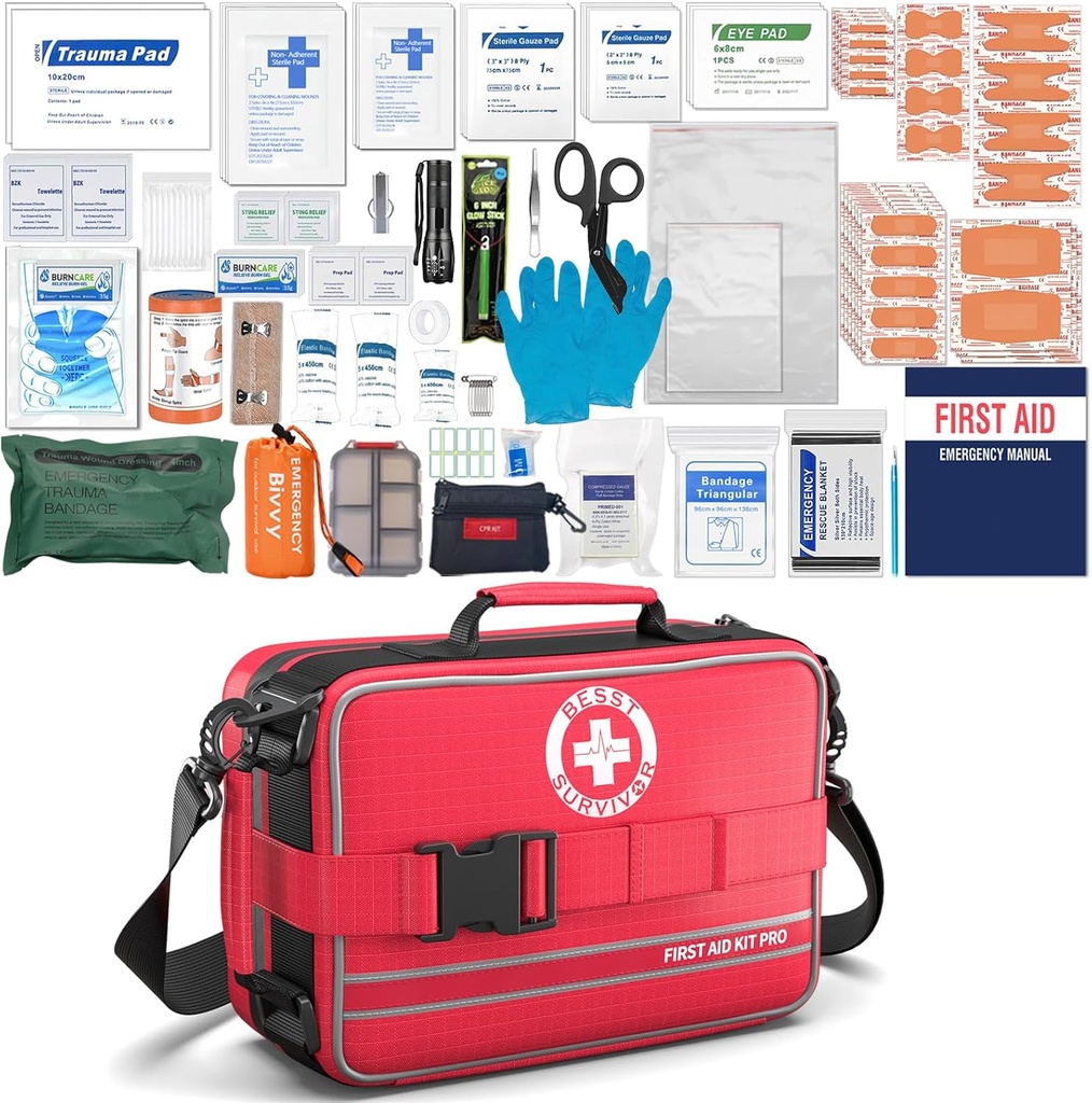 Trousses complètes de premiers soins - trousses de trauma avancées avec compartiments étiquetés, trousses médicales pour les urgences de voiture, de maison, de camping et de plein air -324Ensemble de pièces