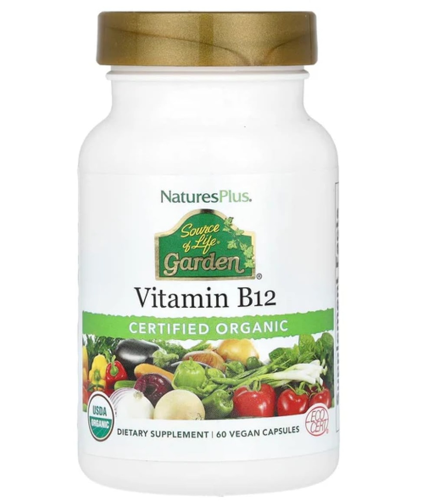 Natures Plus Bron van het leven Tuin Gecertificeerd Biologische Vitamine B12-1000 mcg methylcobalamine, 60 Vegan Capsules - Whole Food Vitamine B12 Supplement - Energie Boost - Vegetarisch, Glutenvrij - 30 Serven