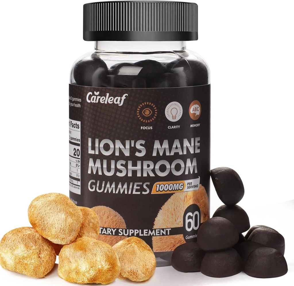 Leeuwen Mane Mushroom Gummies voor Nootropic Brain Supplement, Immune Support, Stress Relief Mushroom Supplement Berry Flavor 60 Tellen