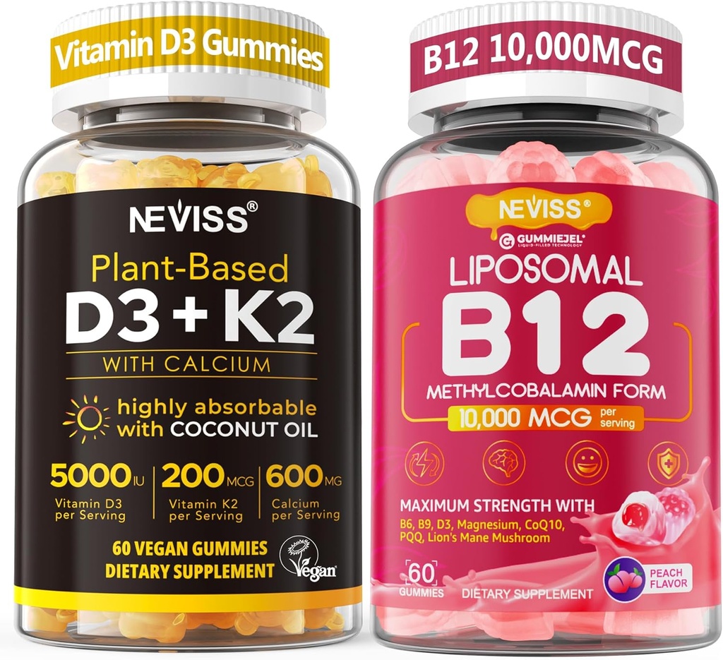 NEVISS 2Pack Vitamine D3 5000iu & K2(as MK7) 200mcg Gummies + 600mg Calcium + 1 Pack Liposomale Methyl B12 5000 mcg/10000 mcg