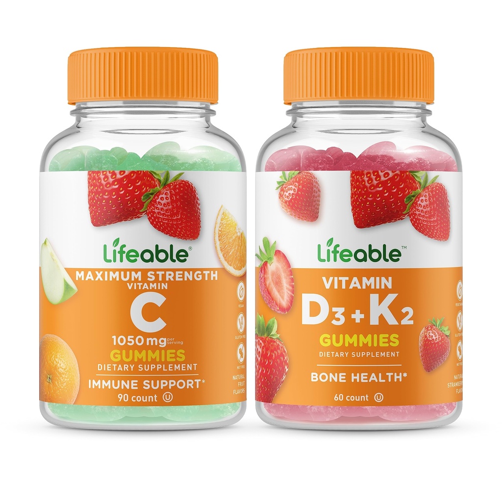 Levensbaar Vitamine C 1050mg + Vitamine D3 + Vitamine K2, Gummies Bundle - Grote Proeverij, Vitamine Supplement, Glutenvrij, GGO vrij, Kauwbare Gummy