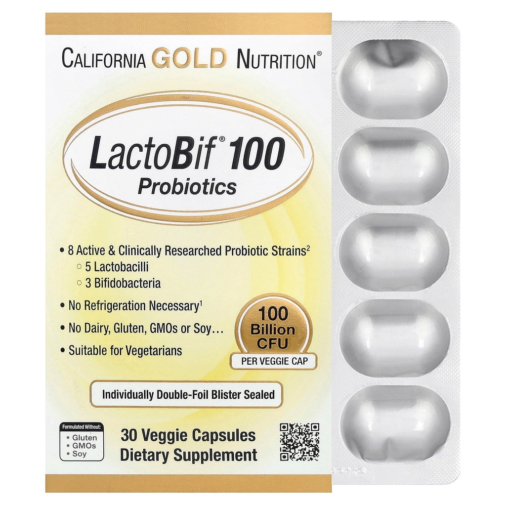 California Gold Nutrition LactoBif Probiotica, 100 Bllion CFU, 8 Actief en klinisch onderzocht Probiotische Strains, Sugar-Free, Vegetarisch, Individueel Dubbelfolie Blisterverzegeld, 30 Veggie Capsules