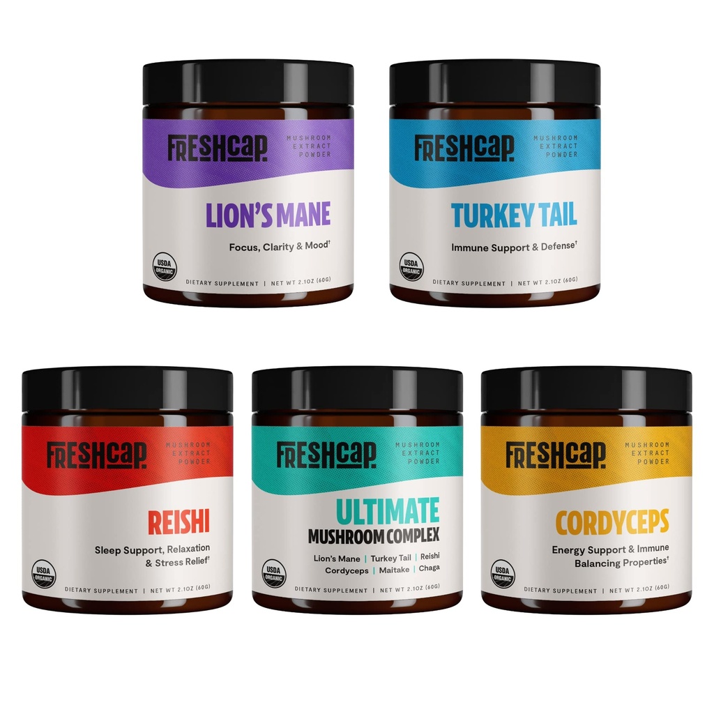 FreshCap Paddenstoelen Ultieme Paddenstoelen Starter Kit (Cordyceps, Lion's Mane, Turkey Tail, Reishi en The Ultimate Mushroom Complex) 60 Serves