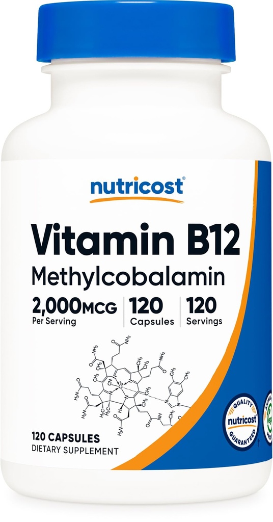 Nutricost Vitamine B12 (méthylcobalamine) 2000mcg, 120 Capsules - Bouchons végétariens, Non-OGM, Supplément sans gluten B12