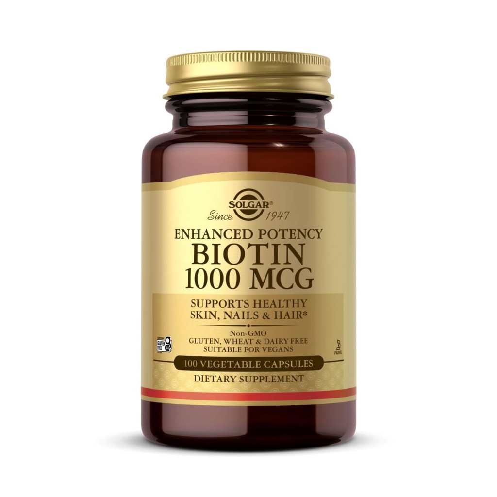Solgar Biotin 1000 mcg - 100 plantaardige capsules - Ondersteunt gezonde huid, nagels en haren - Niet-GMO, Veganistisch, Glutenvrij, Zuivelvrij, Kosjer - 100 porties