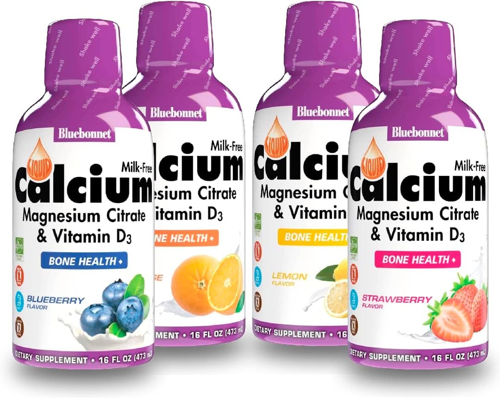 Bluebonnet Nutrition Liquid Calcium citraat Magnesium citraat, vitamine D3, Bone Health - bundel van oranje, bosbes, citroen en aardbeien smaak, 4 fles van 16 Fl Oz Elke (64 Fl Oz Totaal)