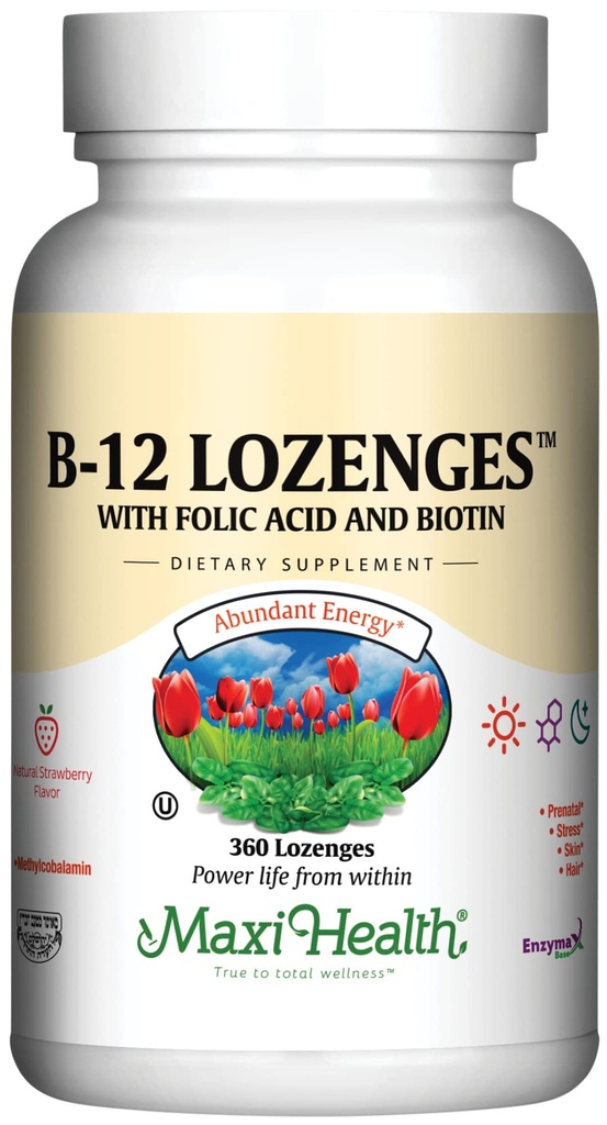 Maxi Health Vitamine B12 Lozen met foliumzuur en biotine - Sublinguale B12 Vitaminen Aardbei Smaak - Vegetarische Kosjer B 12 Vitamine voor de productie van rode bloedcellen en energie (360 Telling)