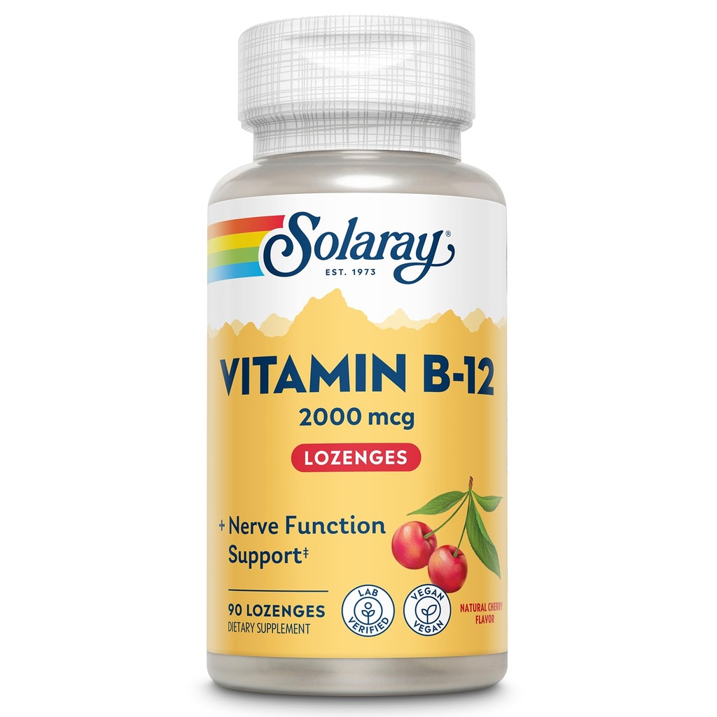 SOLARAY Vitamine B12 2000 mcg Lozen - Geen suiker, natuurlijke kersen smaak vitamine B 12 Supplement voor zenuwfunctie, energie en rode bloedcel ondersteuning - Lab geverifieerd, Vegan - 90 Servers, 90 Lozen