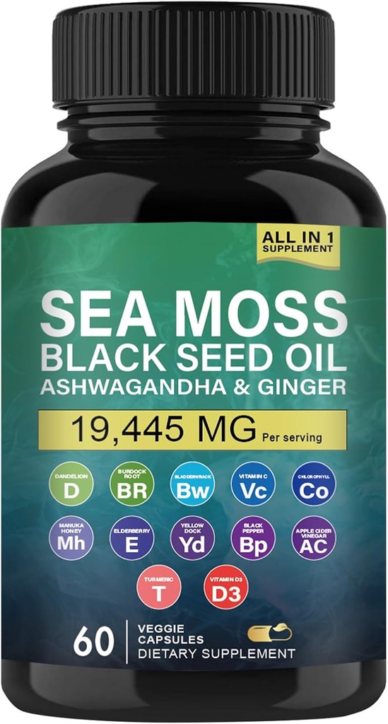 Moss de mer biologique, huile de graines noires, ashwagandha et capsules de gingembre, suppléments de mousse de mer avec racine de Burdock biologique, vitamine C, D3, curcuma et dock jaune pour le soutien énergétique, système immunitaire et peau