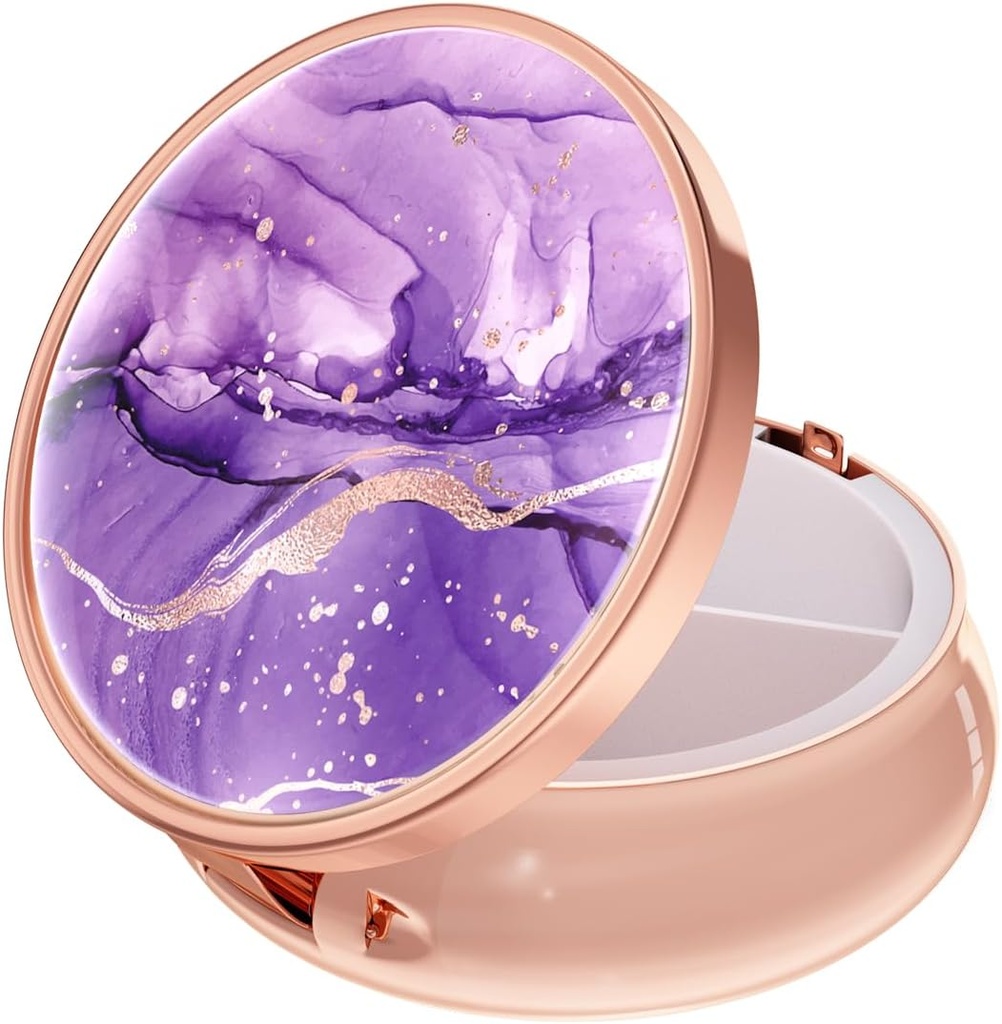 Rouidr Pill Box, 3 Compartiment Medicine Pill Case, Small Metal Travel Medicine Box for Purse & Pocket, Rose Gold, Purple Marble