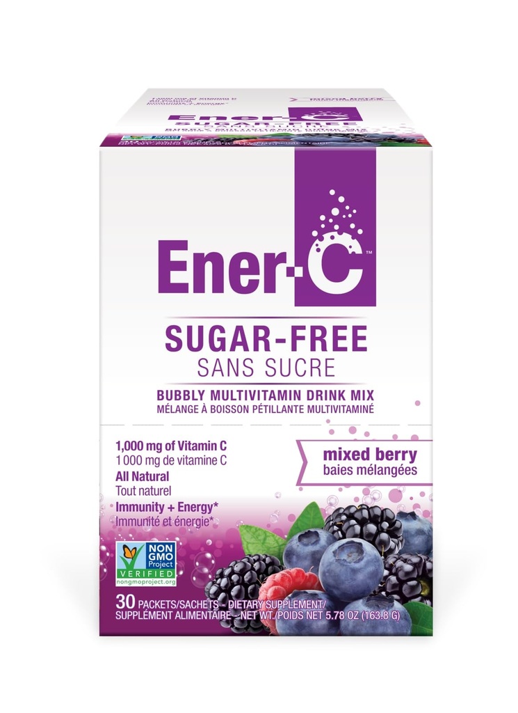 Ener-C Sugar Free Mixed Berry Multivitamine Drink Mix, 1000mg Vitamine C, Non-GMO, Vegan, Real Fruit Juice Powders, Natural Immunity Support, Elektrolyten, Glutenvrij, 1-pack van 30