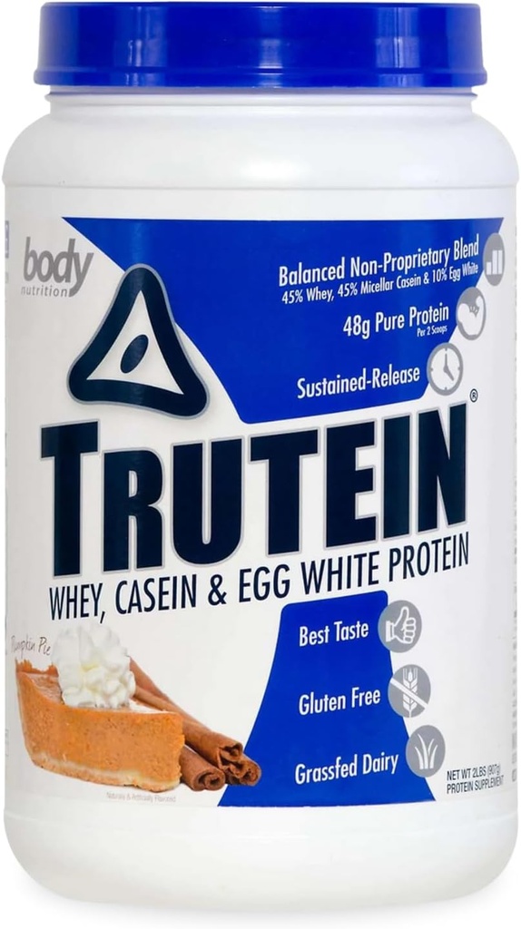 Body Nutrition Trutein High Protein Powder: 45% Wei, 45% Caseïne, 10% Egg White, Glutenvrij, Low Sodium, Grass Fed Wei Protein Powder, Gym Supplement & Breakfast Shake, Pumpkin Pie, 2lb