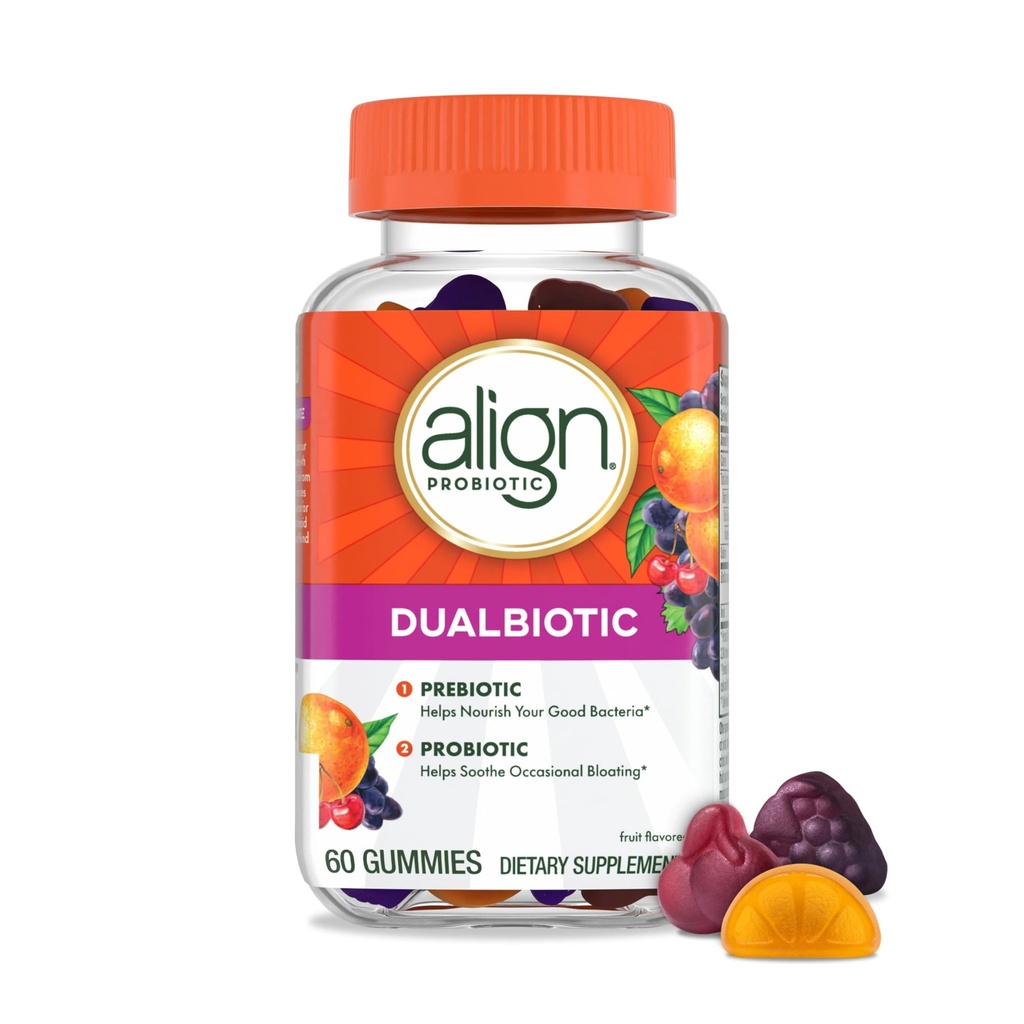 Uitlijnen Dualbiotica, Prebiotica en Probiotica voor vrouwen en mannen, Probiotica voor spijsverteringsgezondheid, Prebiotica Help voeden Goede Bacteriën, Natuurlijke Fruitsmaken, 60 Probiotische Gummies