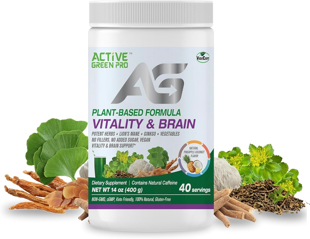 Vitaliteit & Hersenpoeder, Blend van synergistische kruiden, Lion's Mane, Ginkgo en groenten, plantaardige formule, geen fillers, geen suiker toegevoegd - 40 porties